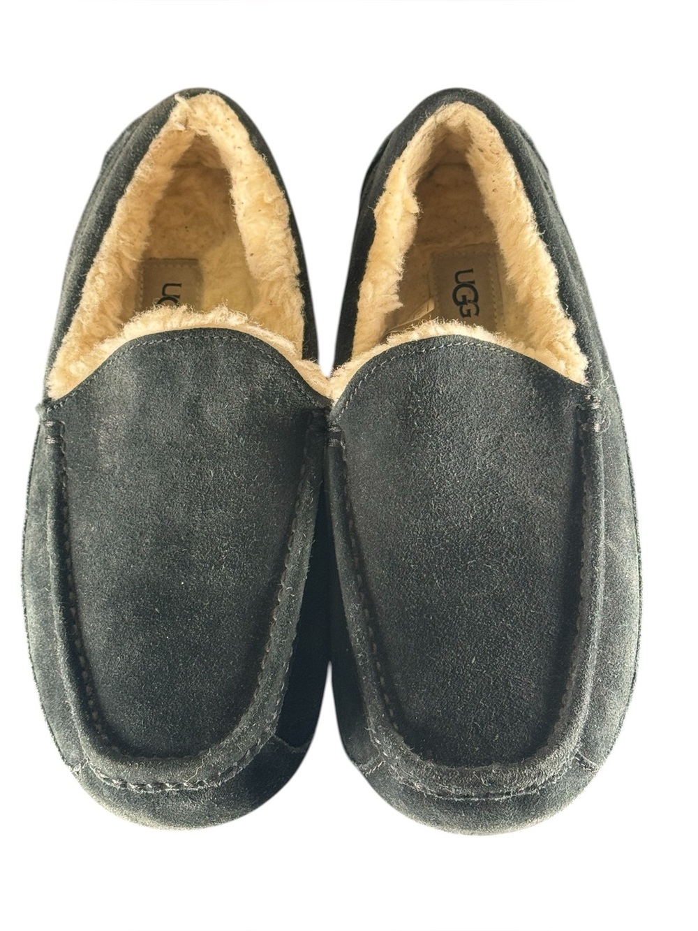 UGG Ascot Mens Size 9 Black Suede Sheepskin Lined Slippers Moccasin House Shoes